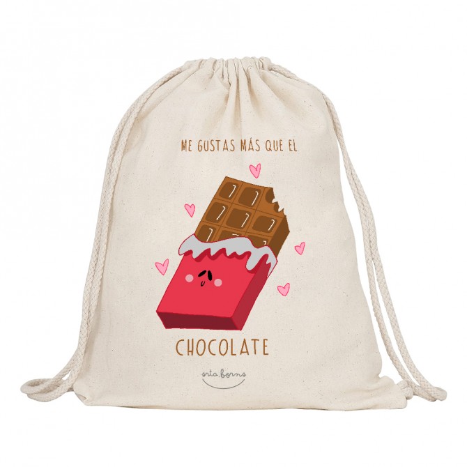 Mochila-saco de tela "Me gustas más que el chocolate"