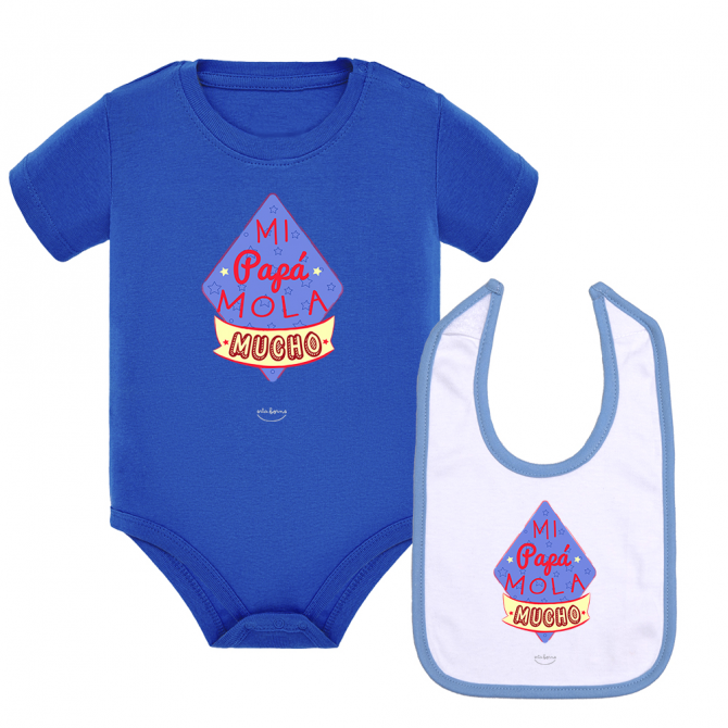 Pack body bebé manga corta y babero velcro Azul royal "Mi papá mola mucho"