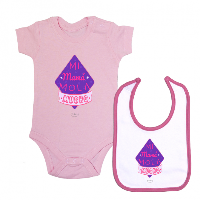 Pack body bebé manga corta y babero velcro Rosa "Mi mamá mola mucho"