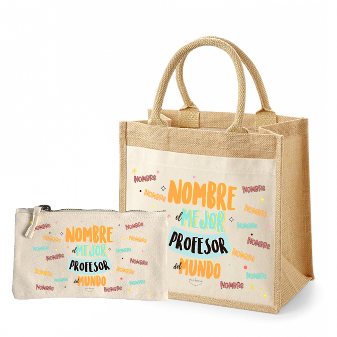 Pack bolsa de yute y algodón y neceser "El mejor profesor del mundo" Personalizado